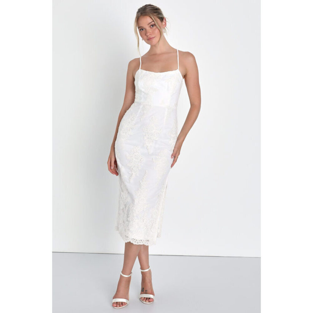 Lulus Noteworthy Charm White Floral Embroidered Lace-up Midi Dress - Size S